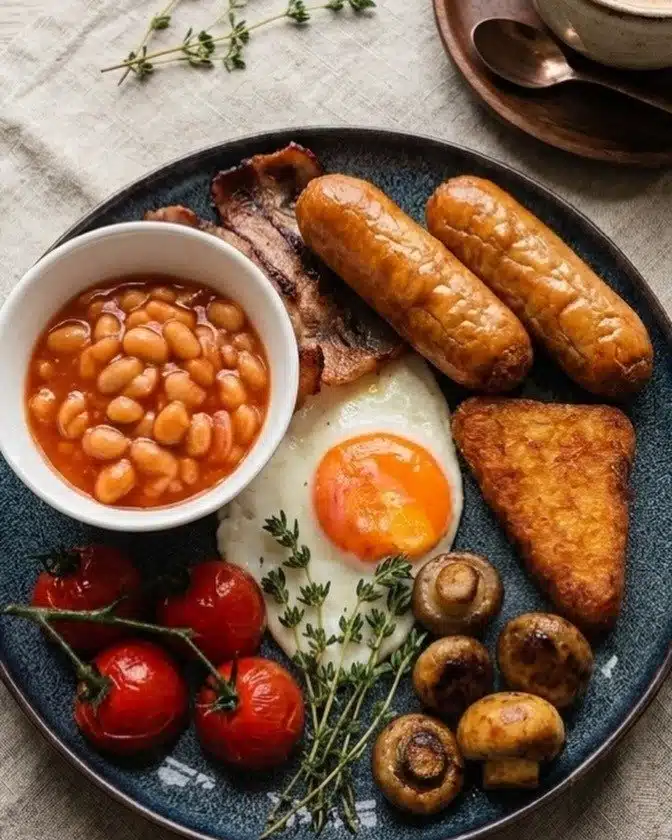 Full English breakfast on a ceramic plate