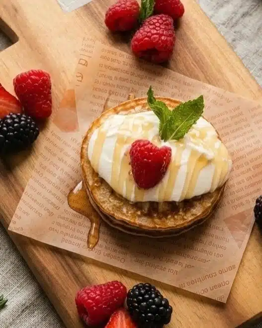 Stack of golden pancakes with fresh berries, Greek yogurt and honey