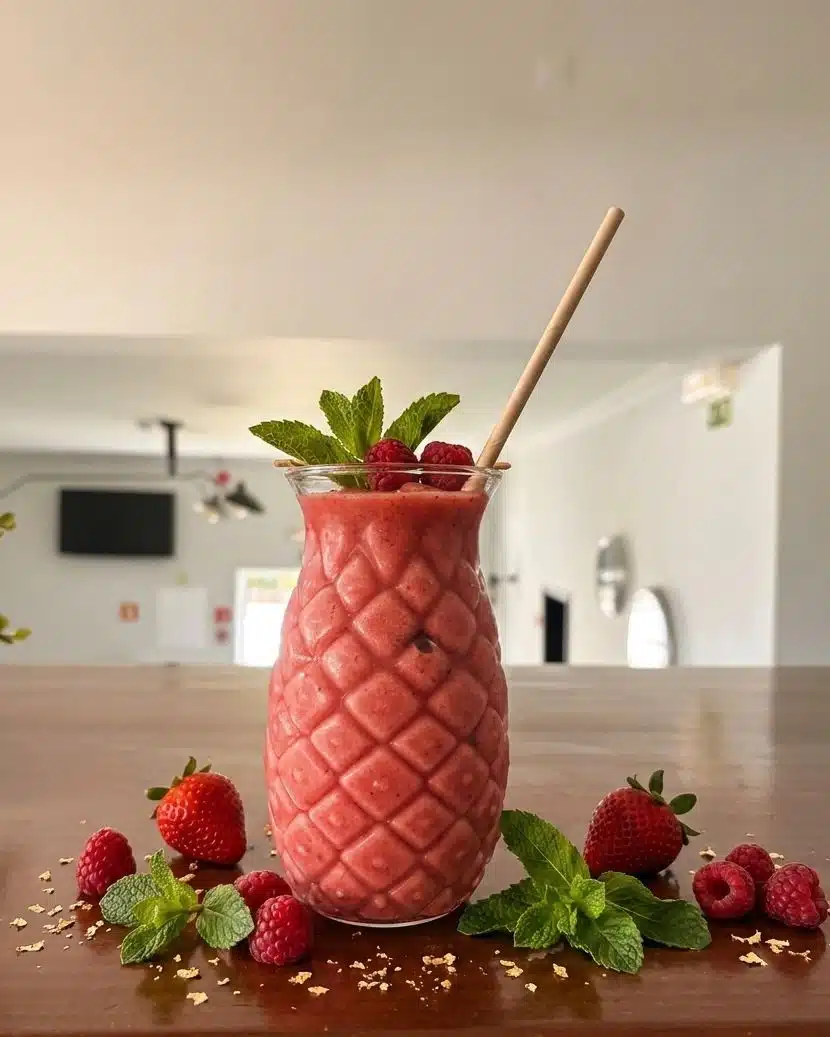 Pink raspberry pineapple smoothie in a pineapple-shaped glass
